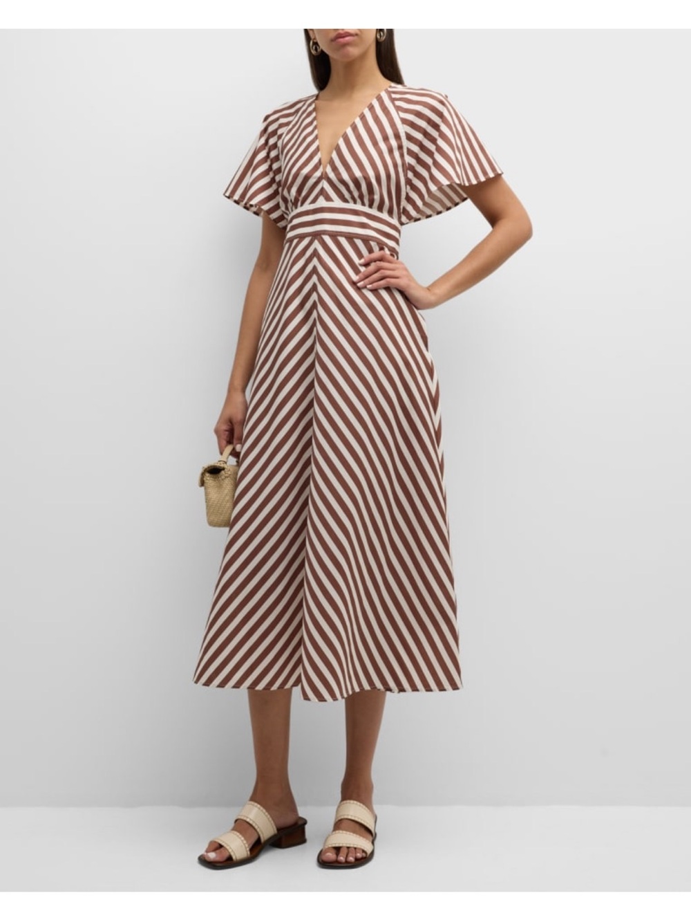 Oroton Midi Dress V-Neck Flutter Sleeve Brown & White Striped (US 10/AU 14)